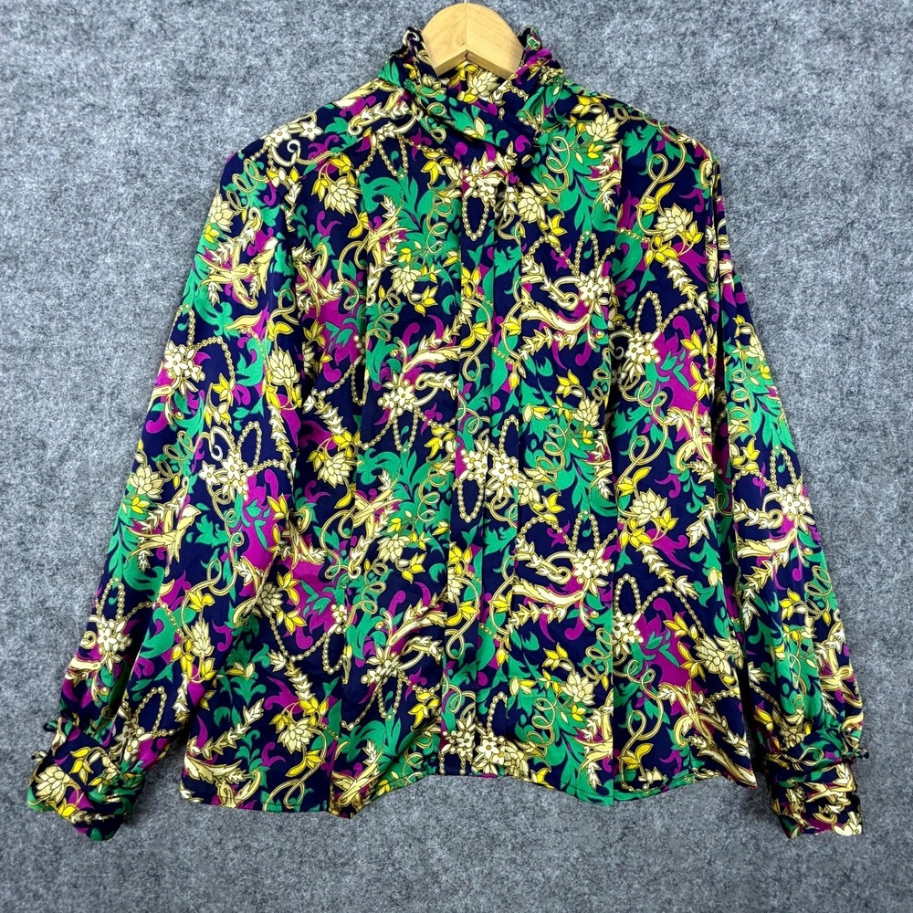 Christie & Jill Blouse Women M Multicolor Floral Chain Tie‎ Neck Long Sleeve Lux